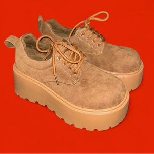Women’s Brown Suede Lace Up Chunky Platform Loafers in Camel Brown EU 38/US 7.5